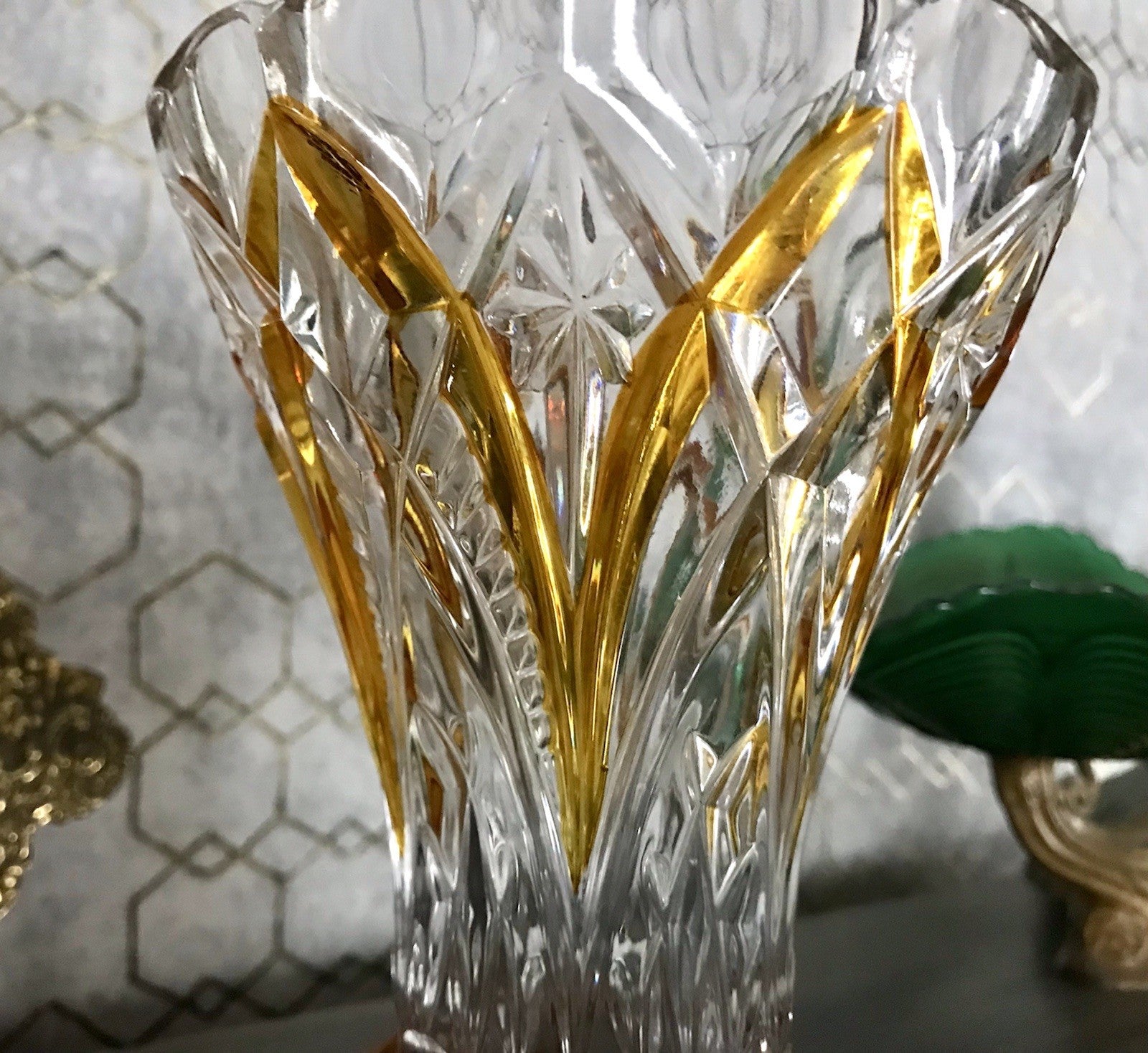 Antik alt Art Déco Stil Glasvase Bleikristall Vase Bernstein Gelbbeize Annahütte