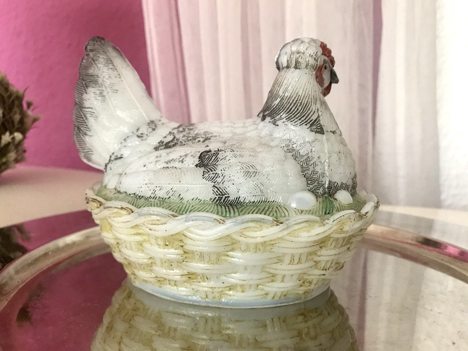 Antik Jugendstil Glasdose Dose Opalglas Deckeldose Pressglas Henne