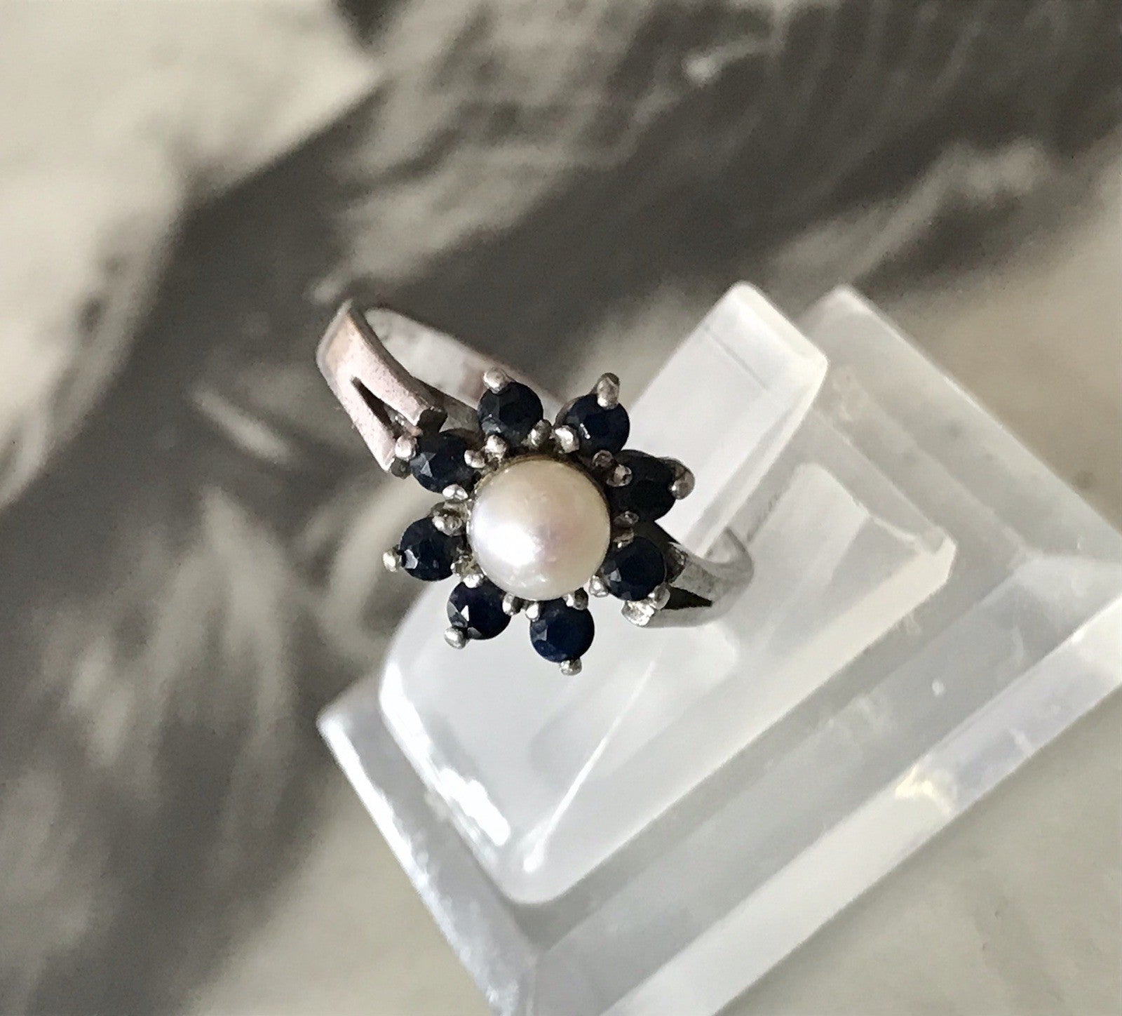 Antik? Vintage Art Déco Damen Ring Perle Spinell ? Saphir? Silber 925 Gr.57 18,1
