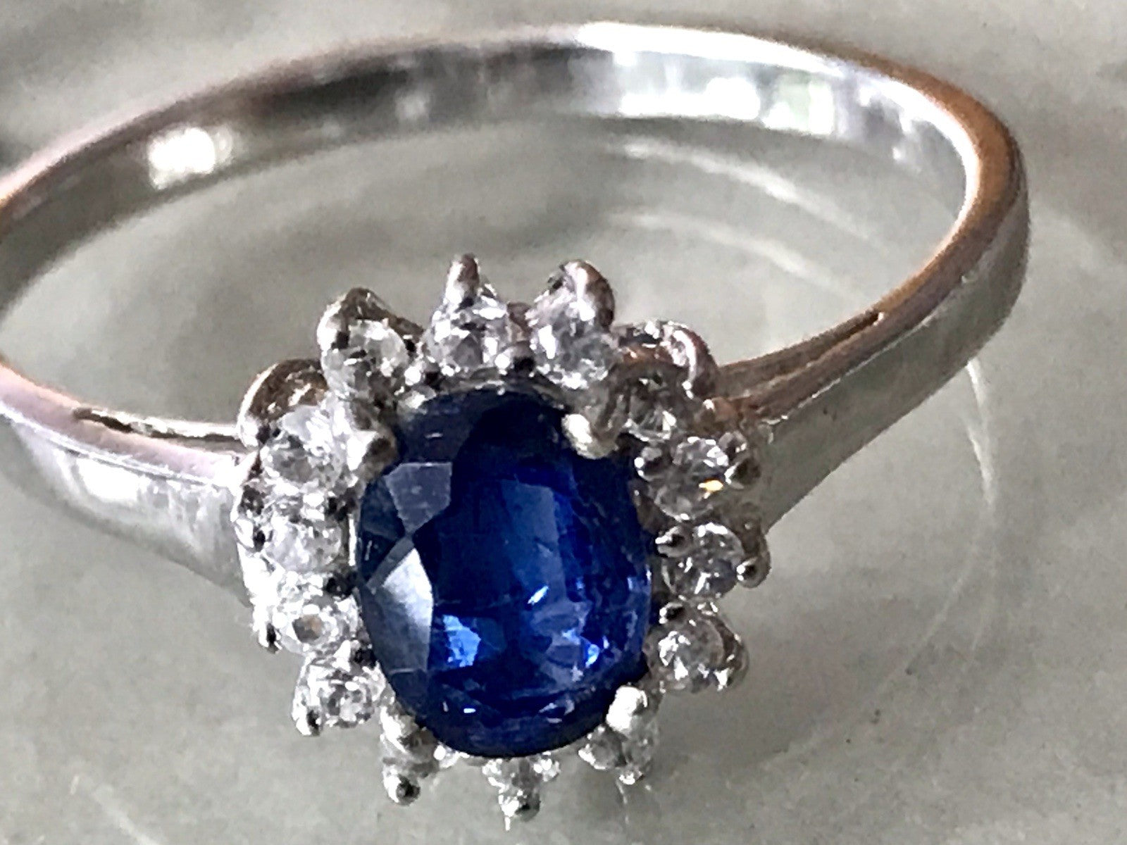 Vintage Entourage Halo Ring farblose Steine & Saphir Silber 925  ~Gr.62 63