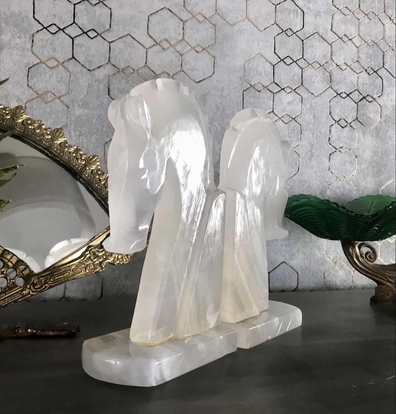 Vintage Alabaster 2 Buchstützen  weißer Onyx wundervoll! 60er 70er
