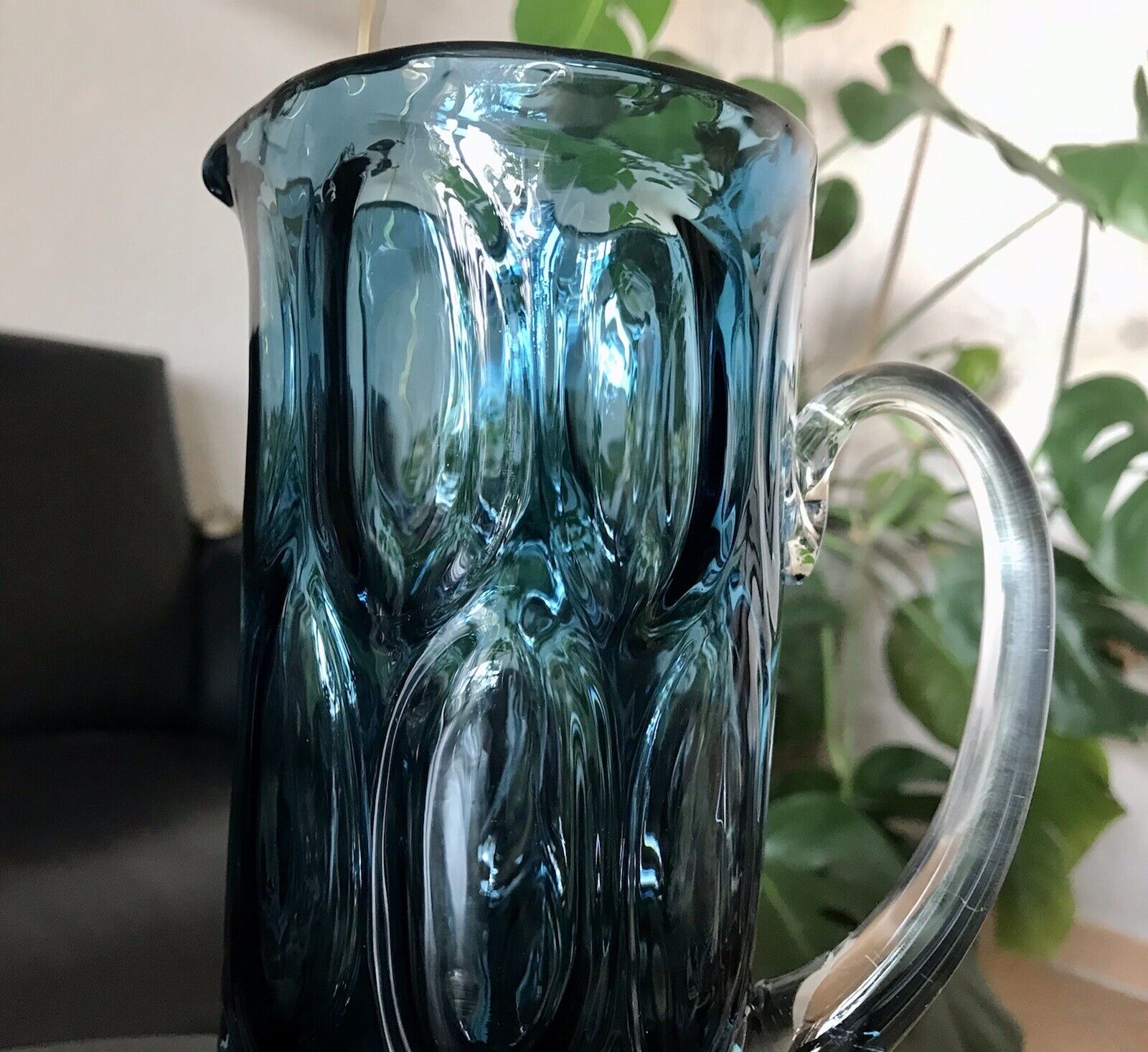 Vintage Designer 60er Krug Kanne Karaffe Space Age Glas Bubble Struktur blau