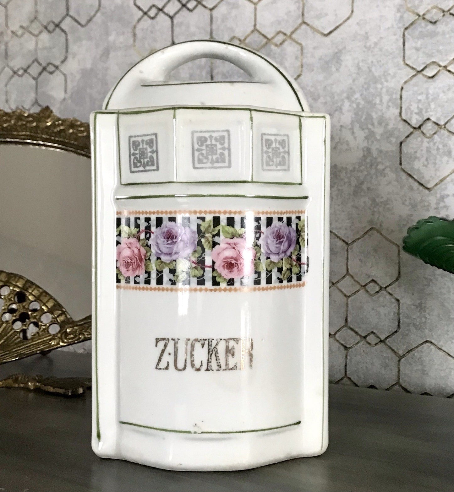 Antik Porzellan Dose Vorratsgefäß Vorratsdose Zucker Rosen Jugendstil Art Déco