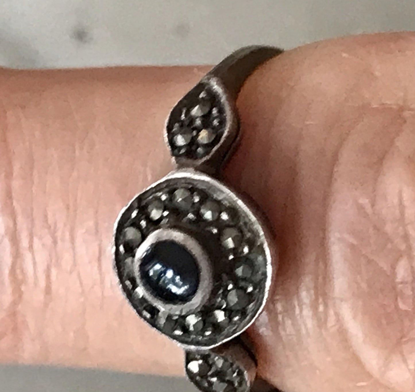 Antik Art Déco Edel Onyx Markasite DAMEN RING Silber 925 Gr.51 16,2