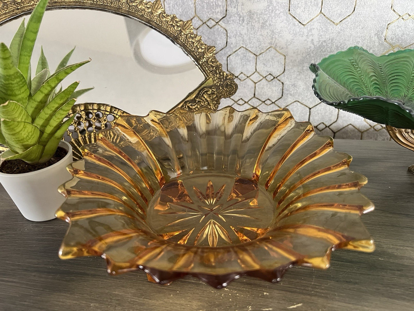 Antik Jardiniere Brockwitz Prismen Bernstein gelb Art Déco Schale Pressglas Glas