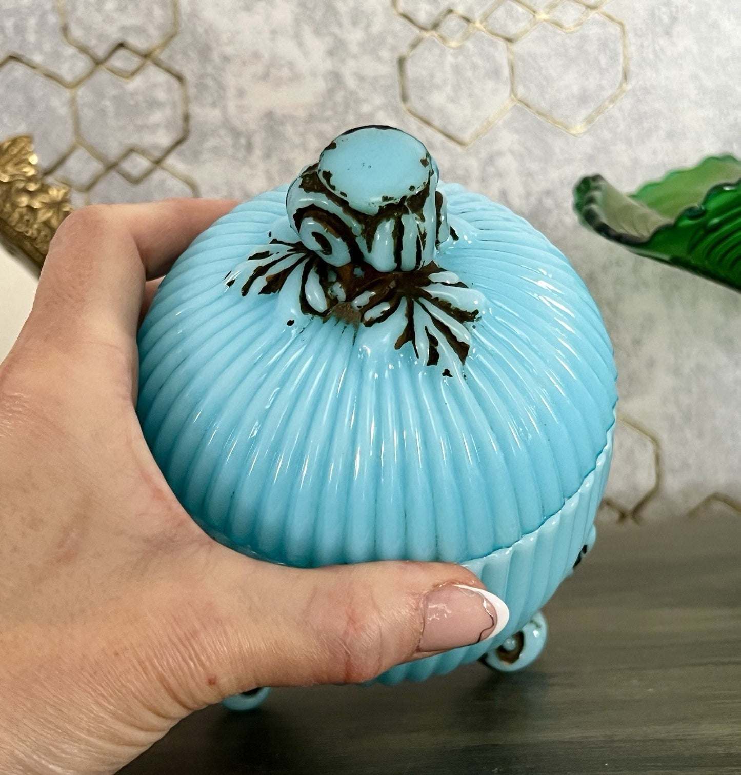 Antik Jugendstil Glasdose Kugel Dose Opalglas Deckeldose blau Pressglas SCHÖN!