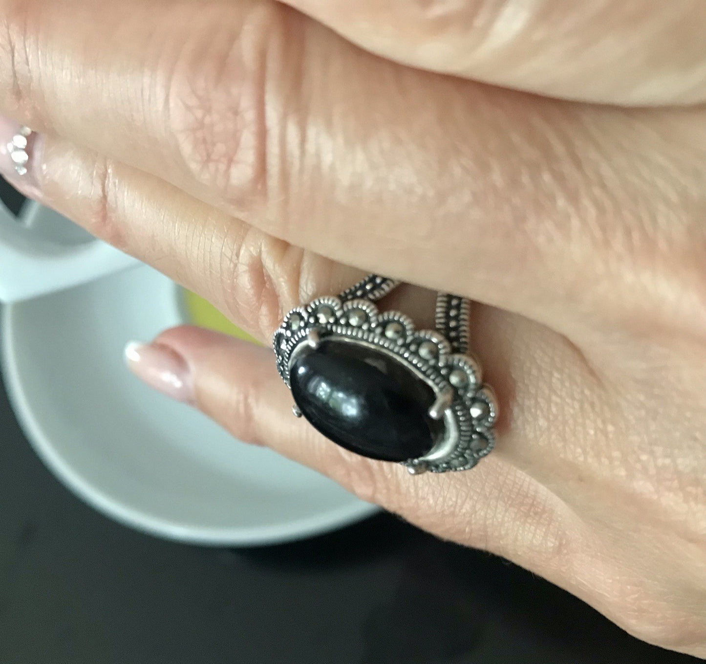 Antik? alt Art Déco Edel Onyx Markasite DAMEN RING Silber 925 Gr.57 18,1