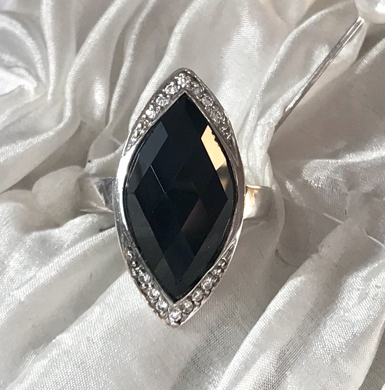 Vintage Onyx? & farblose Steine DAMEN RING Silber 925 Gr.57 58 Schiffchen