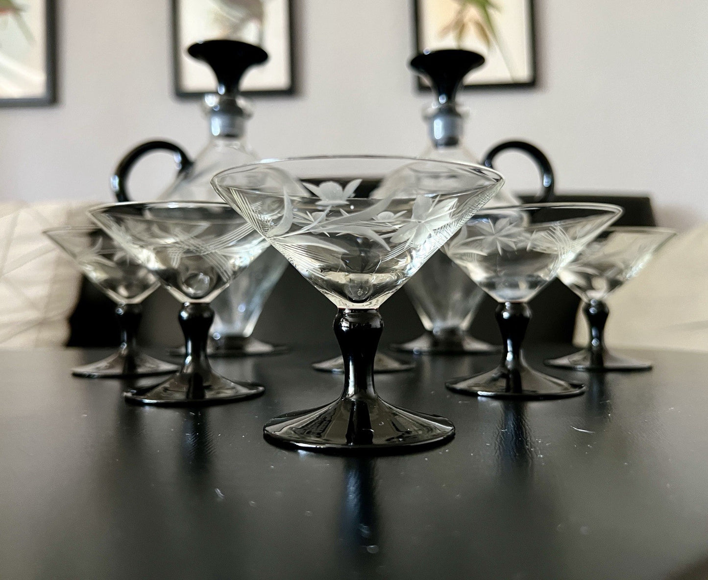 Antik Art Déco Likör 2x Karaffe & 6 Gläser Likörschalen Glas schwarz Stiel