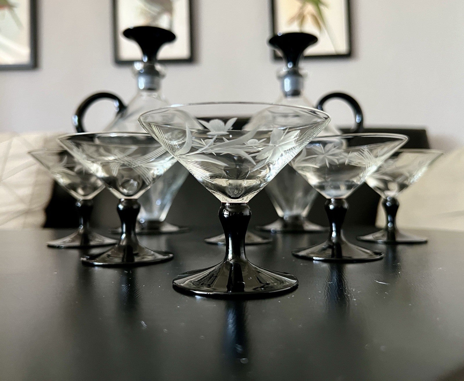 Antik Art Déco Likör 2x Karaffe & 6 Gläser Likörschalen Glas schwarz Stiel
