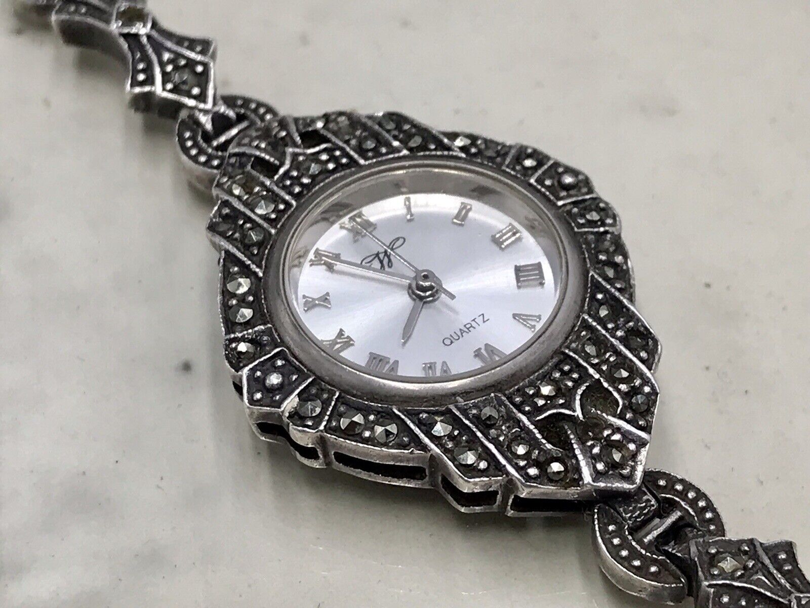 Vintage EDEL!!! Art Déco Stil 925 Silber Armbanduhr Damen Markasite wundervoll!