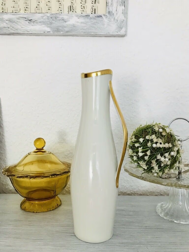 Antik Art Déco Porzellan Vase Henkel Blumenvase Elfenbein Goldrand Eschenbach