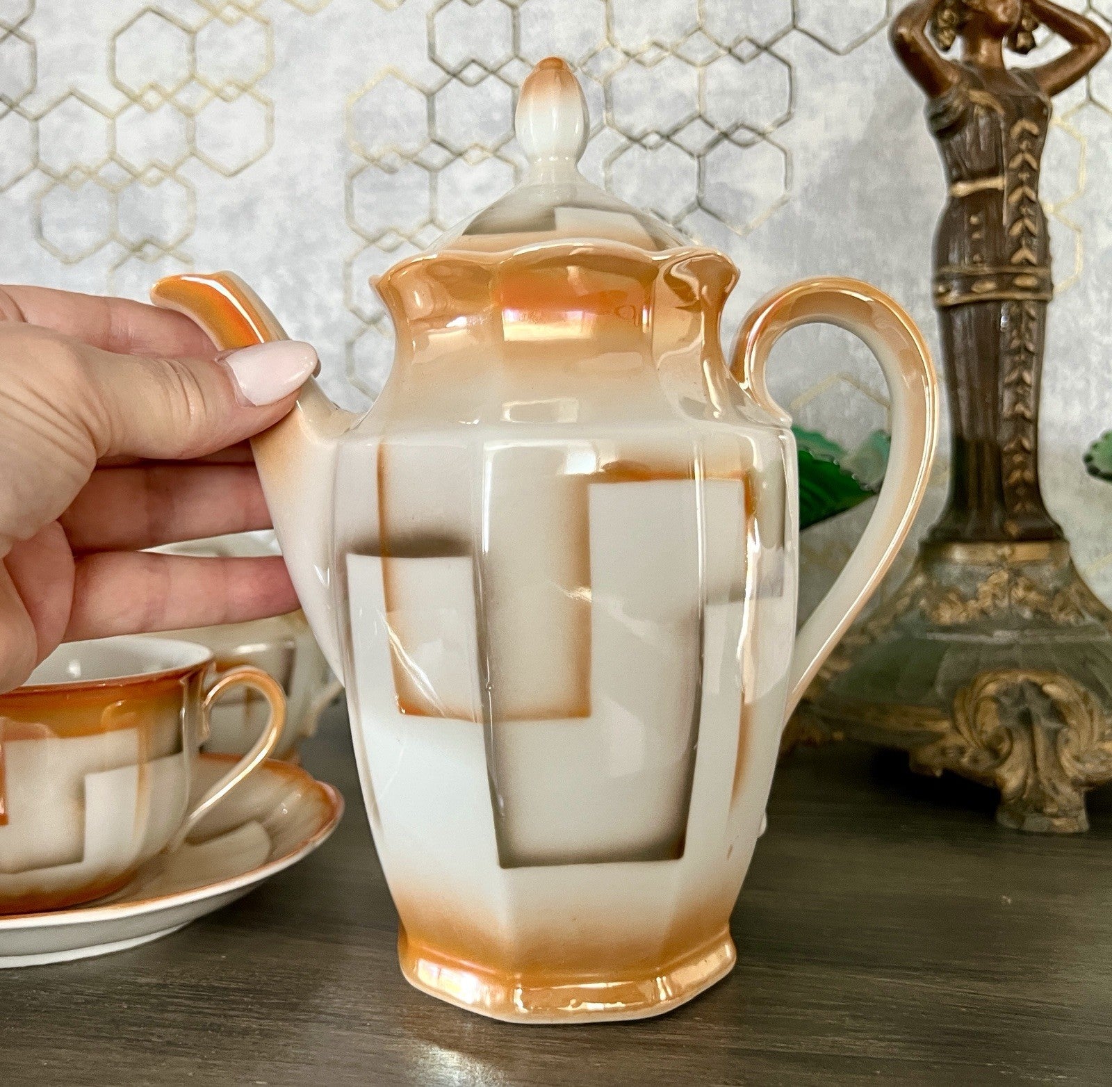 Antik Art Déco Porzellan Kaffeeservice Spritzdekor Bauhaus Teté a Téte 2 Pers.