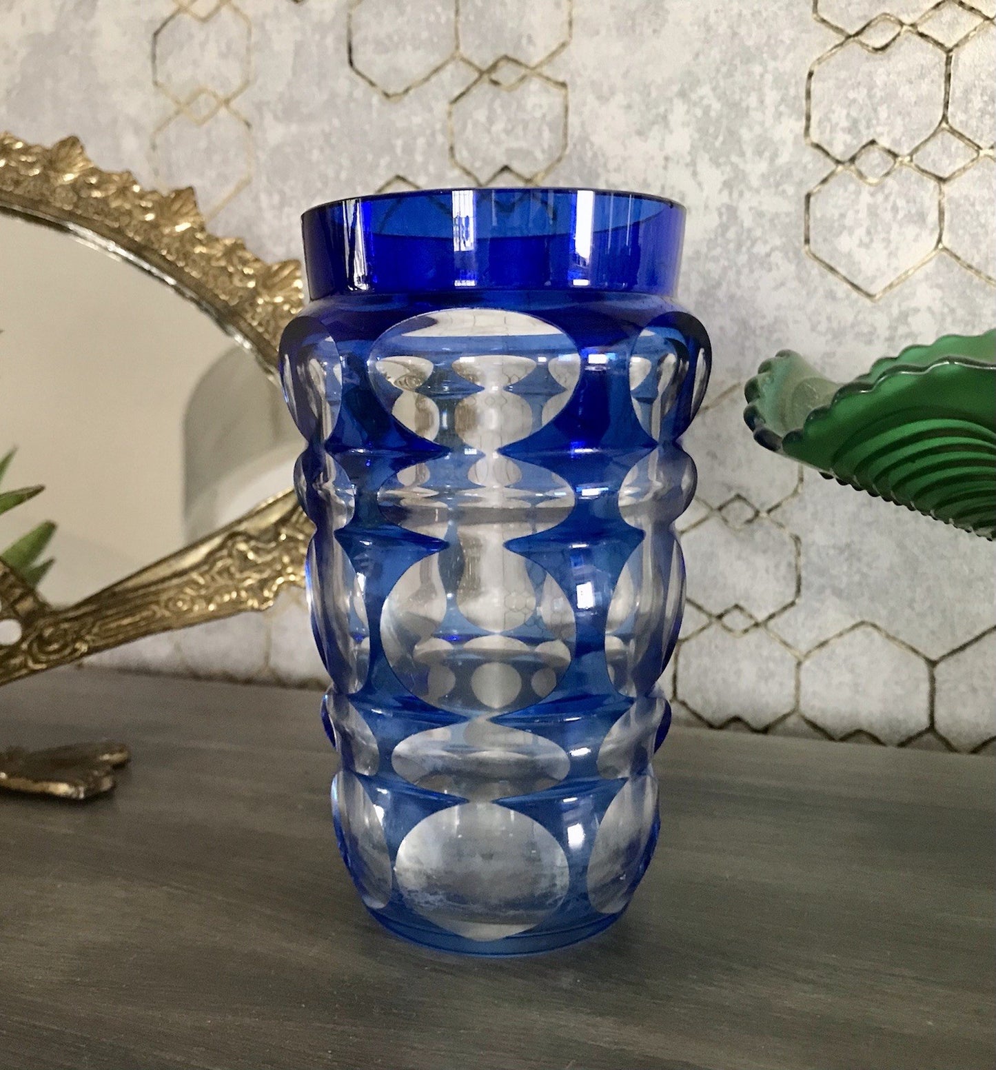 Antik? Art Déco Vase Glasvase Vase Glas Kristallglas Entwurf Meltzer Haida blau