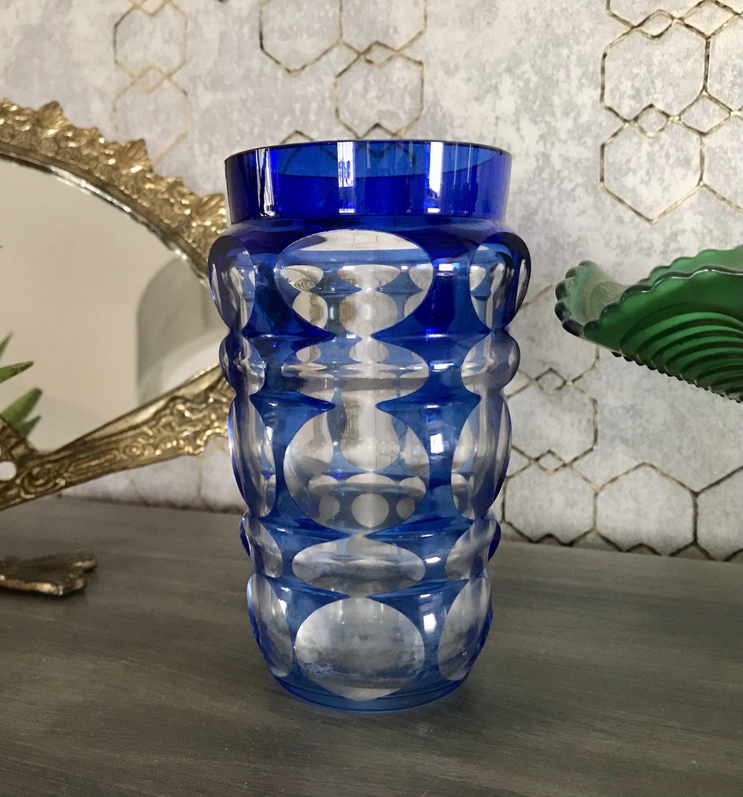 Antik? Art Déco Vase Glasvase Vase Glas Kristallglas Entwurf Meltzer Haida blau