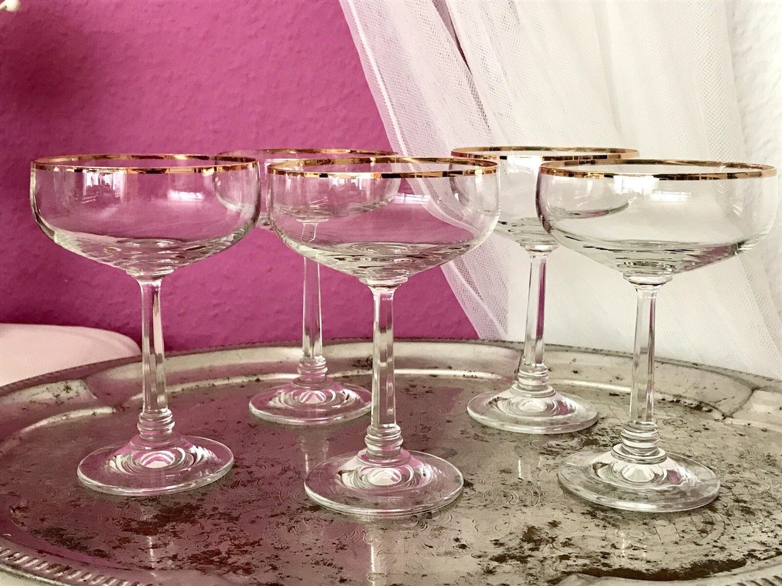 Antik? Art Déco 6 x Champagnerschalen Sekt Gläser Goldrand Lausitzer? Crystal