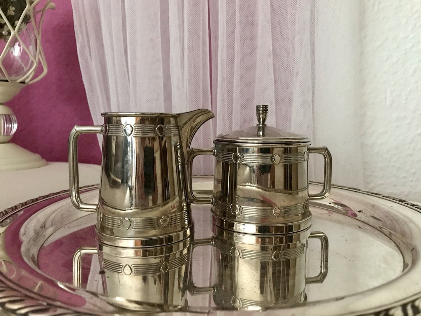 Antik Jugendstil Art Déco Kaffee Kernstück Zuckerdose Rahmgießer verchromt? 2tlg