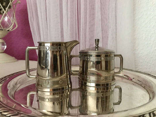 Antik Jugendstil Art Déco Kaffee Kernstück Zuckerdose Rahmgießer verchromt? 2tlg