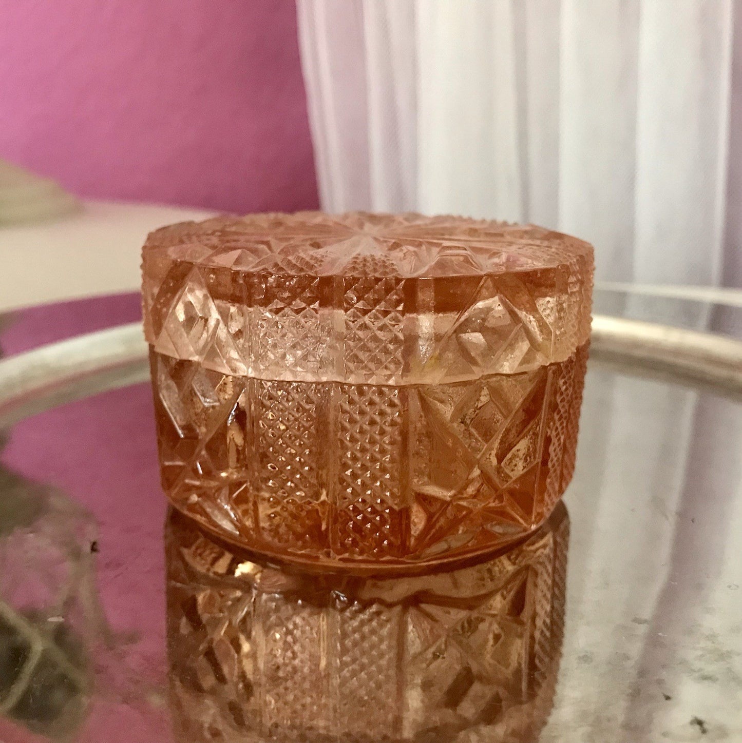 Antik Art Déco Dose Deckeldose Zierdose Pressglas Rosalin rosa Glas