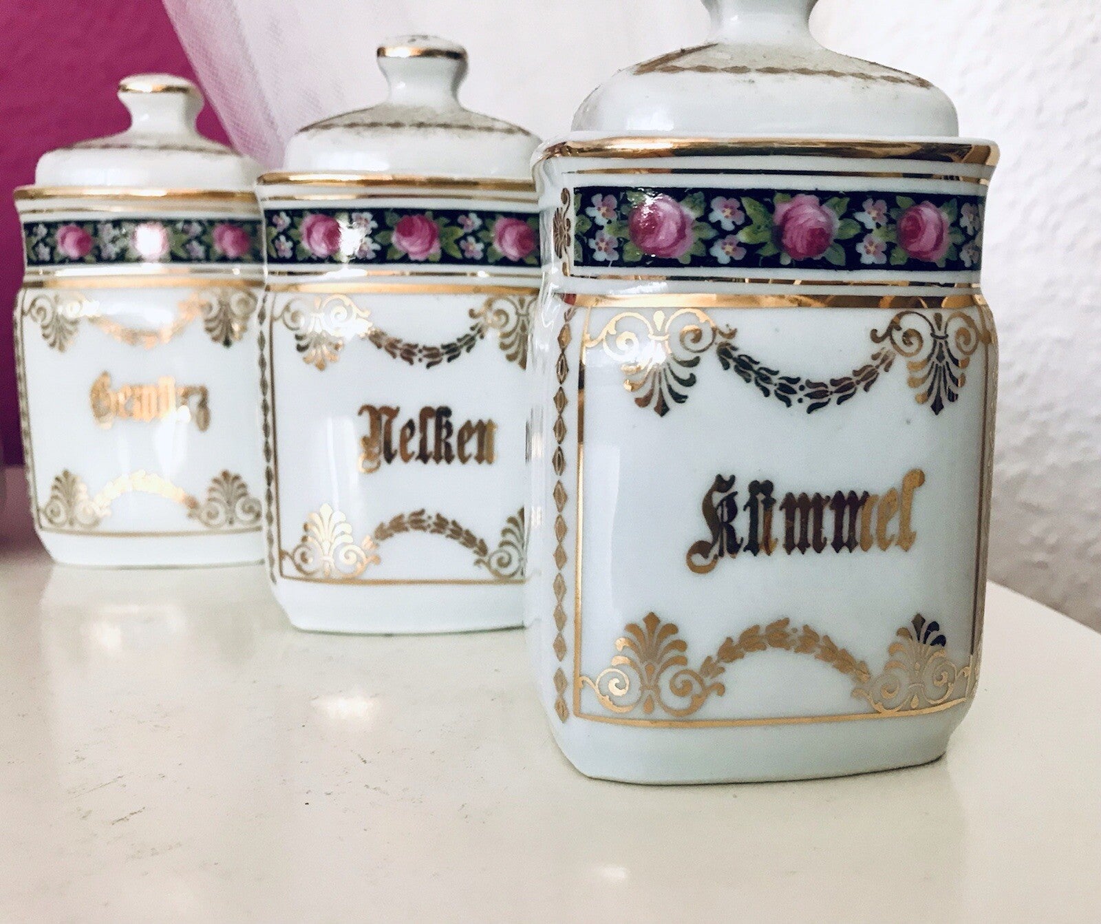Antik 6x Porzellan Dose Vorratsdosen Gewürze Rosen Golddekor Jugendstil