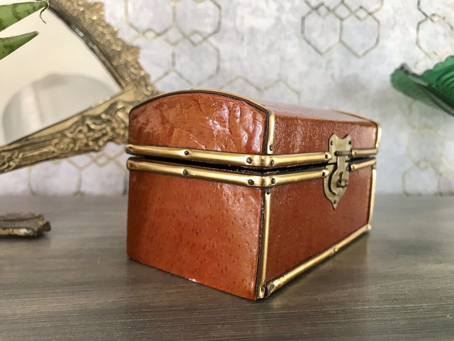 Vintage Schatulle Schmuckdose Dose Kästchen Leder bezogen Cognac