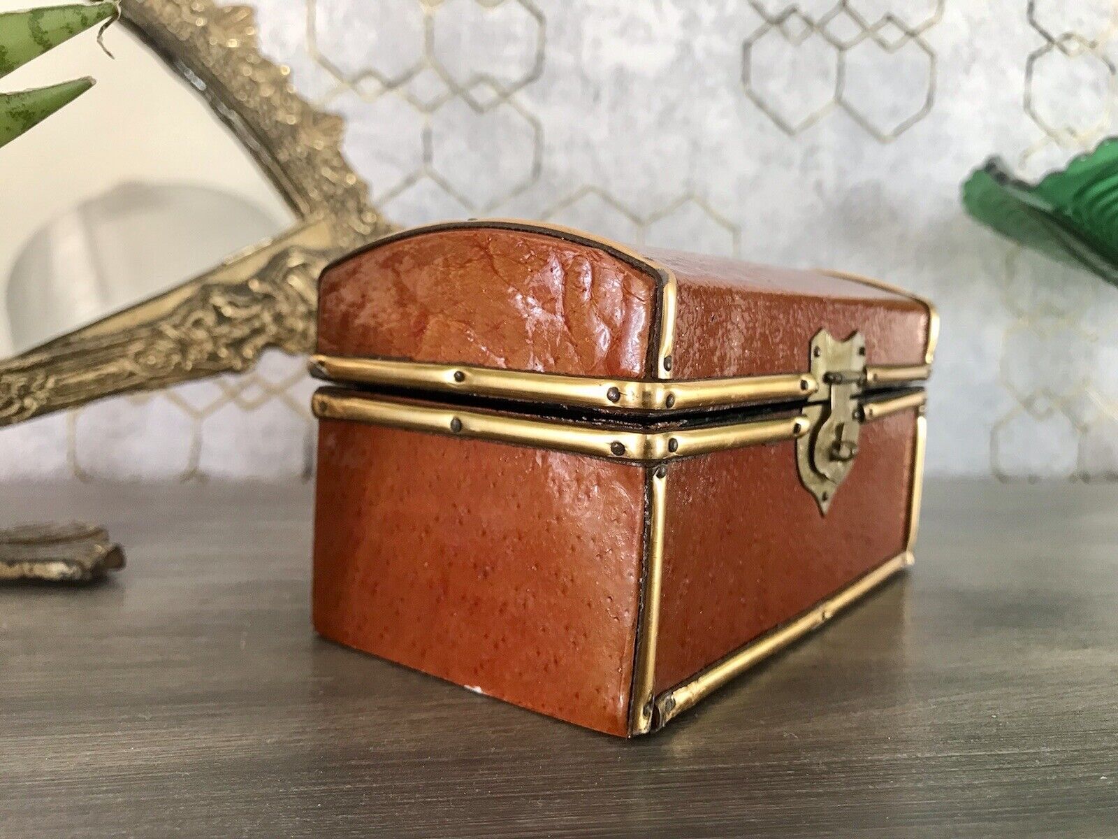 Vintage Schatulle Schmuckdose Dose Kästchen Leder bezogen Cognac
