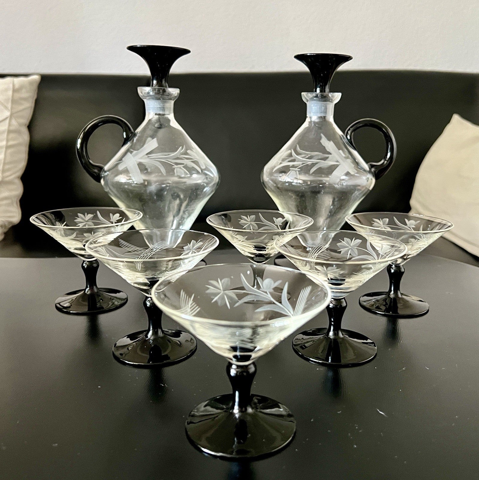 Antik Art Déco Likör 2x Karaffe & 6 Gläser Likörschalen Glas schwarz Stiel