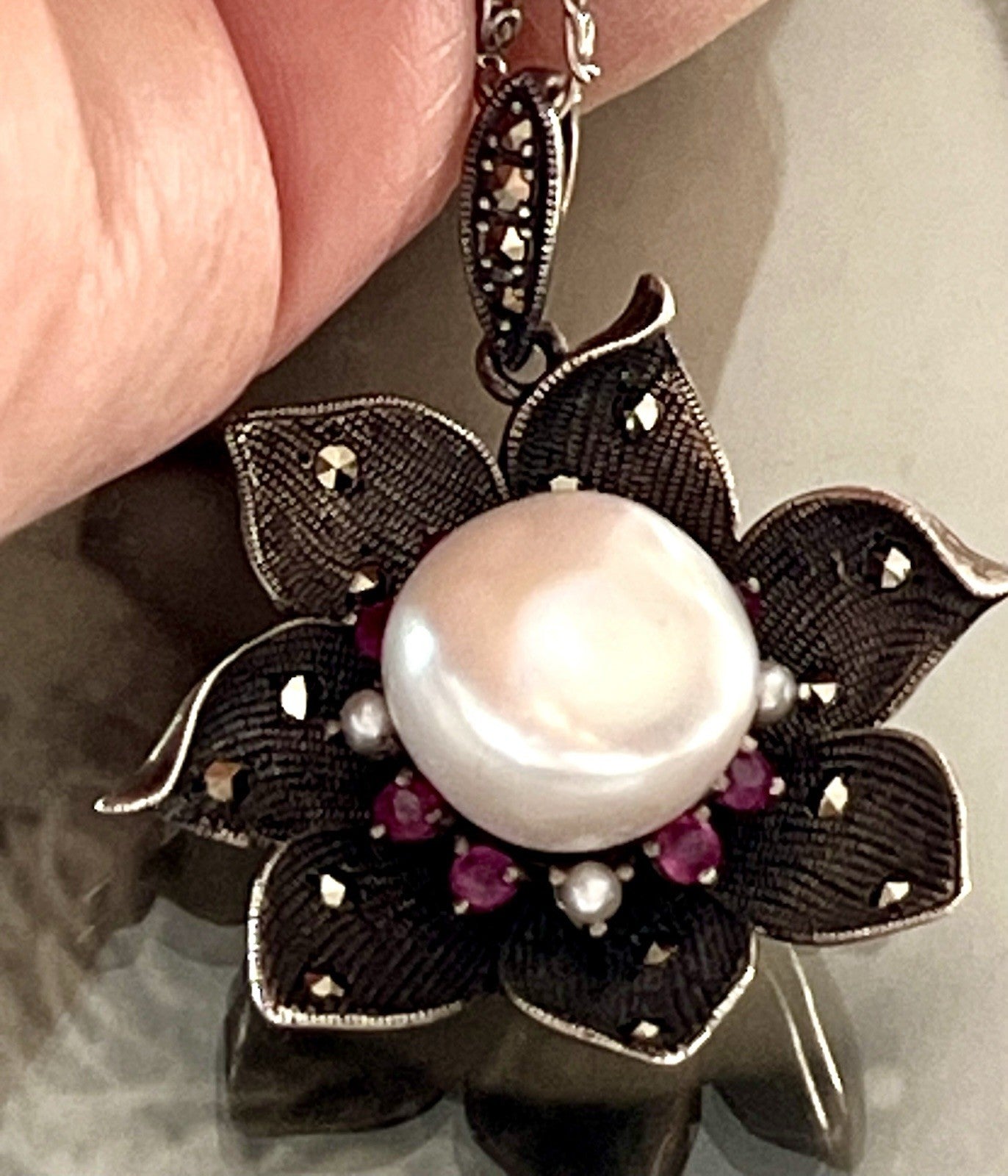 GROß rund Kettenanhänger Anhänger 925 Silber Perle Rubine Markasite Orchidee