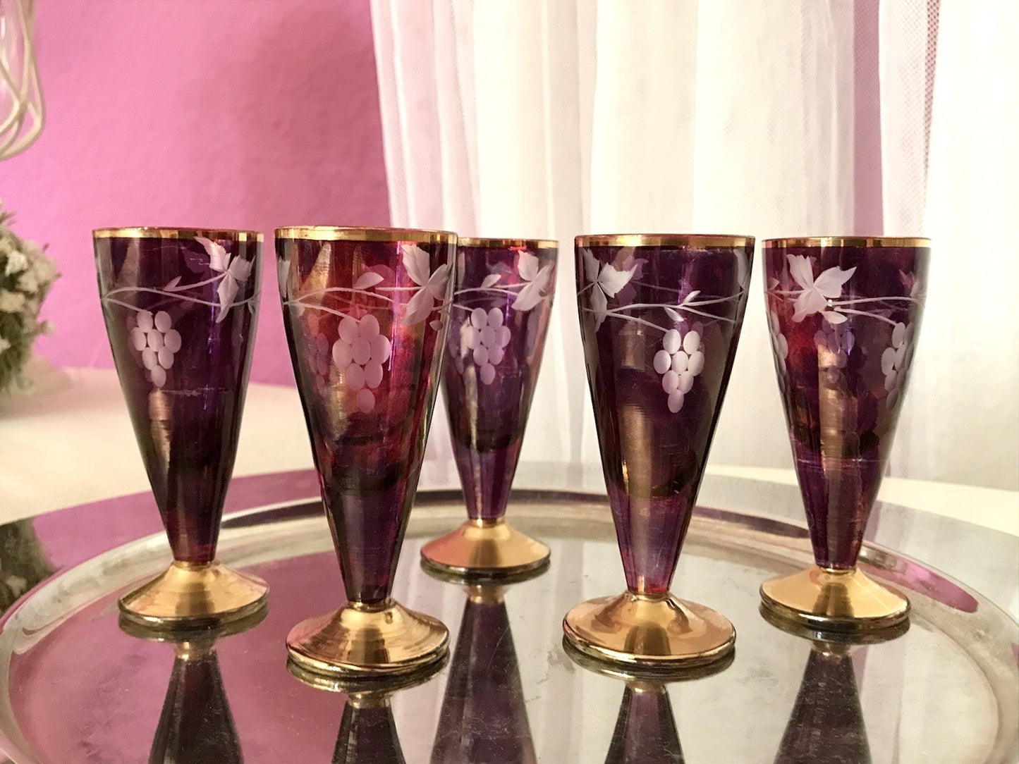 Antik Jugendstil Art Déco 5 Pinnchen Schnapsgläser Golddekor Gläser Schliff ROT