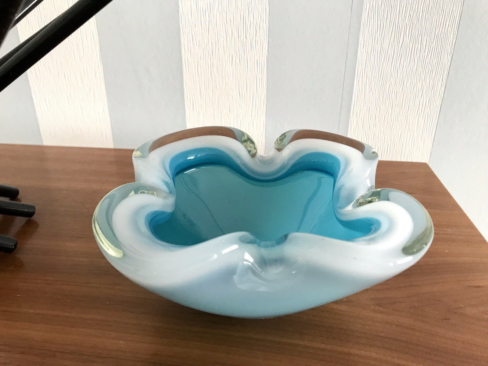 Vintage 60er Murano Glas Schale Barovier? türkis blau weiß edel