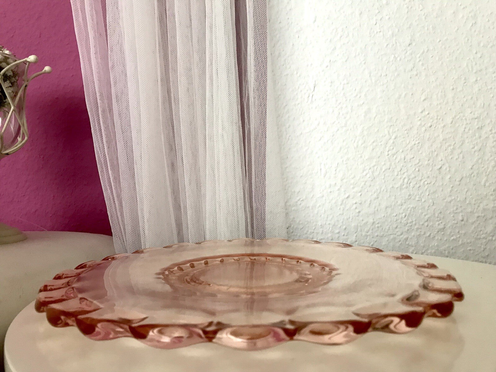 Antik Tortenplatte Tortenständer Rosalin Glas rosa Art Déco Pressglas