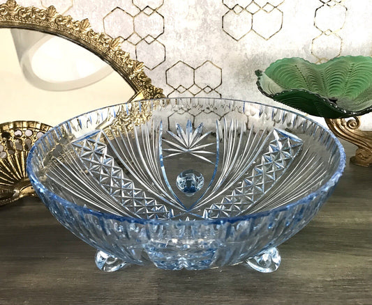 Antik EDEL blau Art Déco Schale Glasschale mundgeblasen geschliffen 3füssig