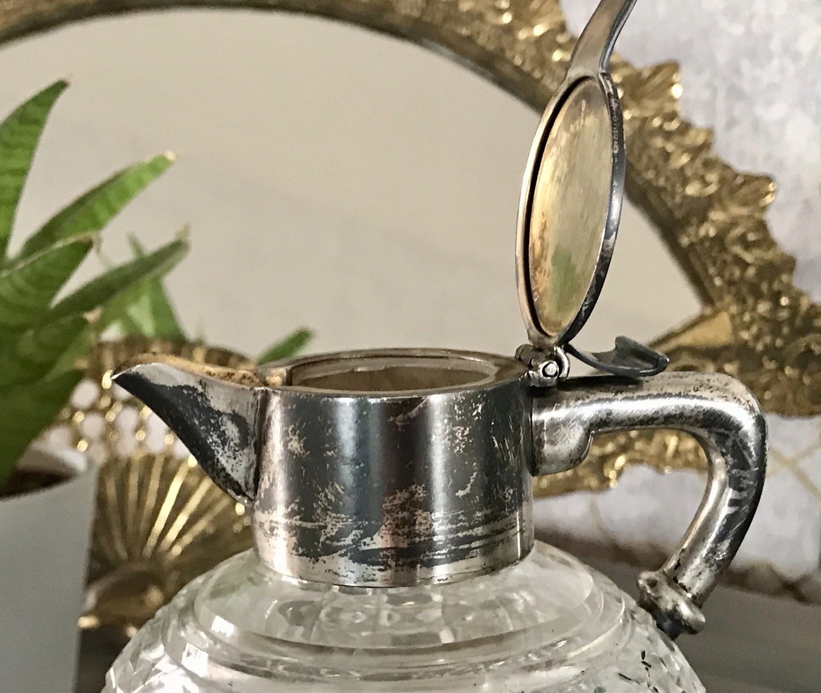 Antik EDEL Schliff Karaffe Kännchen Silber 800 Kristall Glaseinsatz Jugendstil