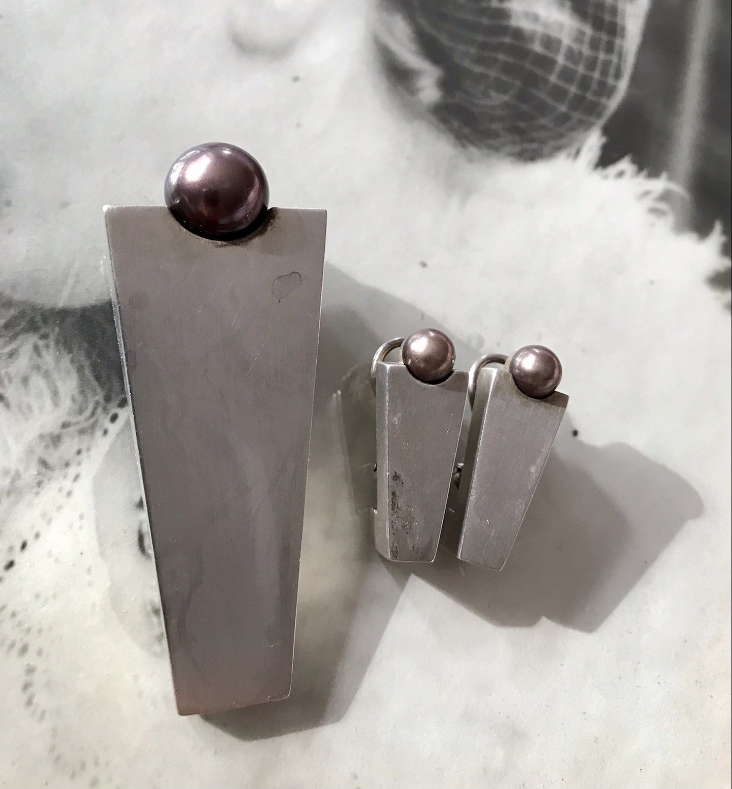 Damen Set Designer Schmuck Anhänger Ohrringe Silber 925 NW modernistisch Perle