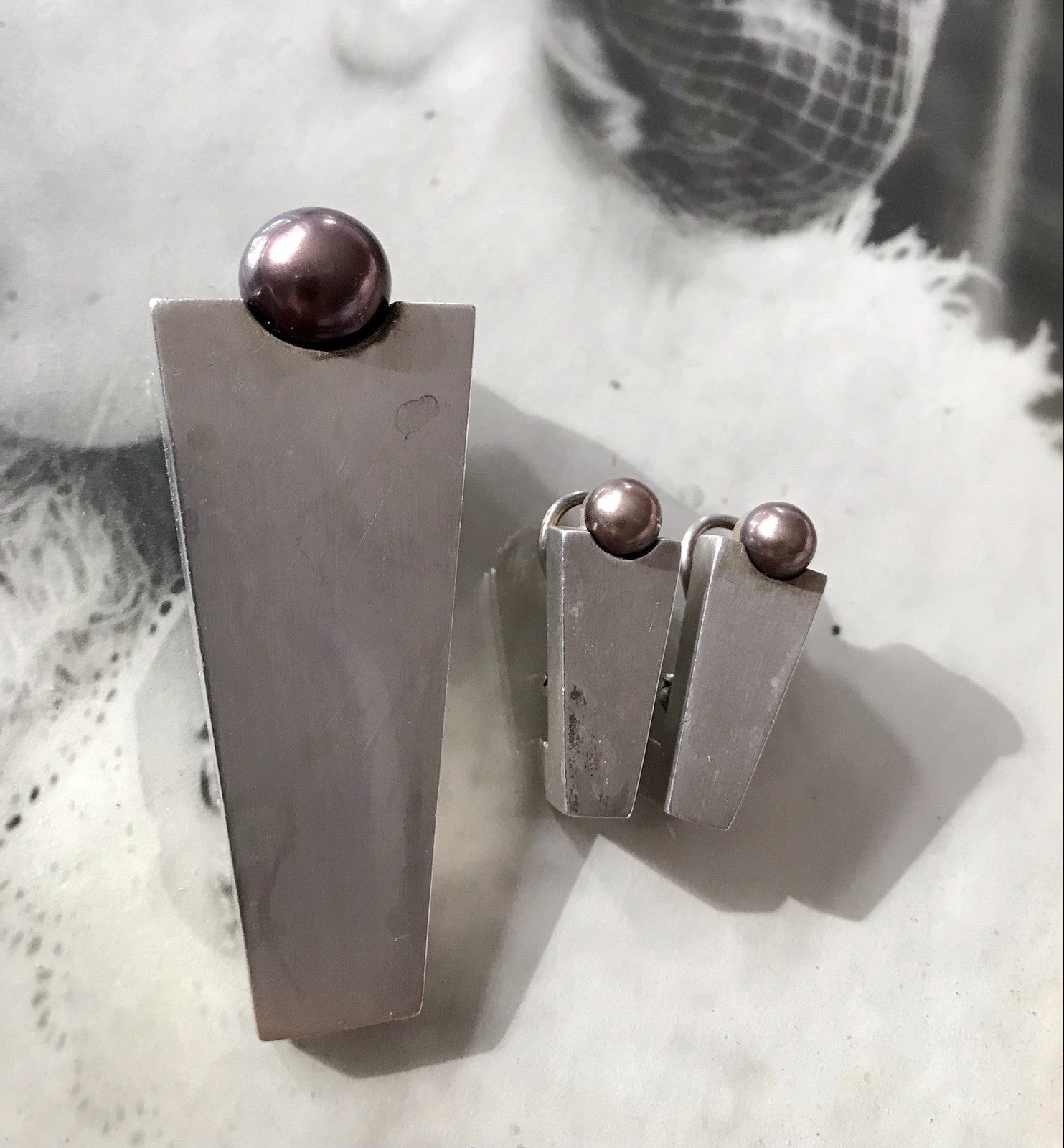 Damen Set Designer Schmuck Anhänger Ohrringe Silber 925 NW modernistisch Perle