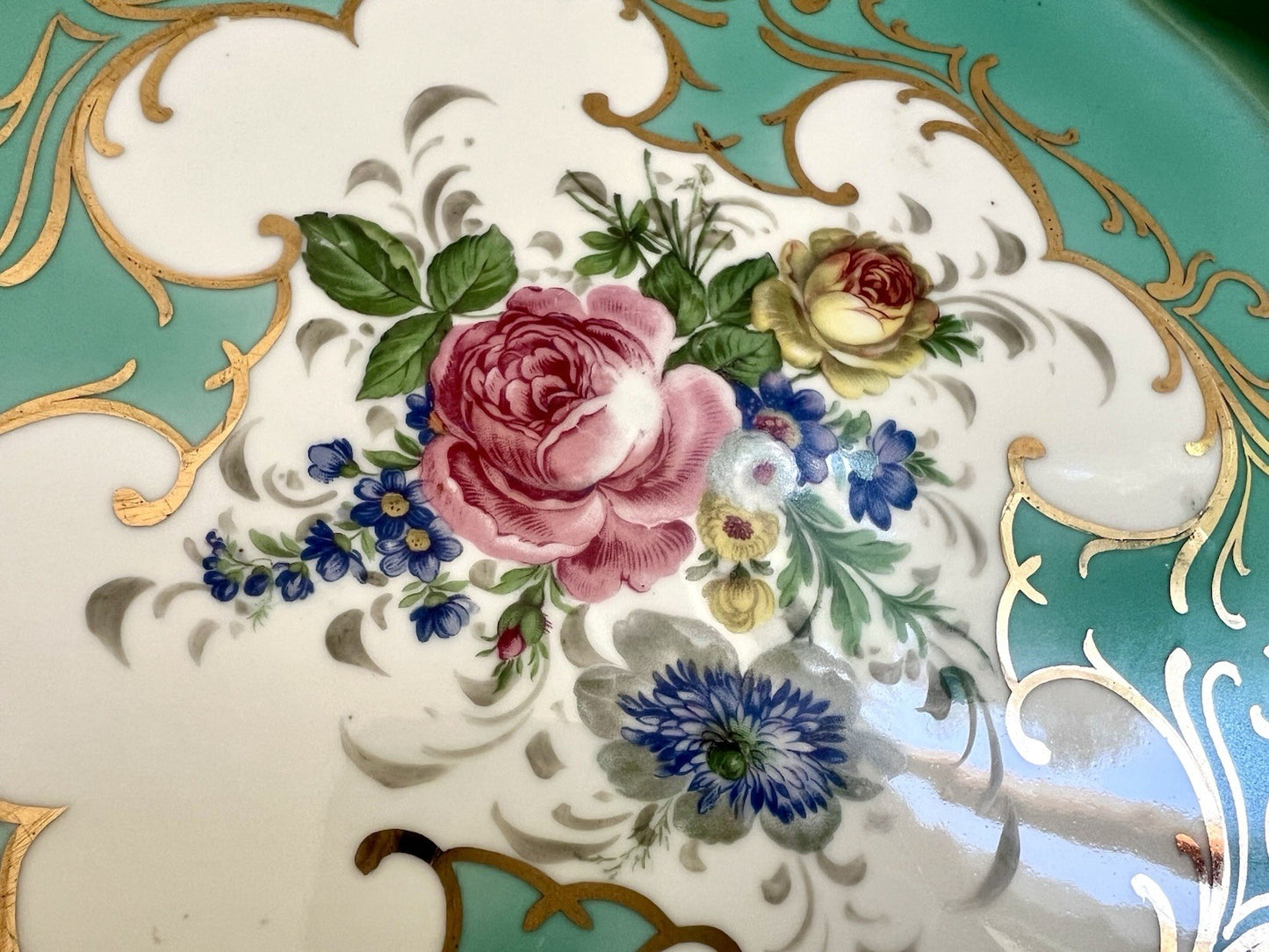 Antik  Alt Porzellan Tablett türkis rund Blumen Golddekor