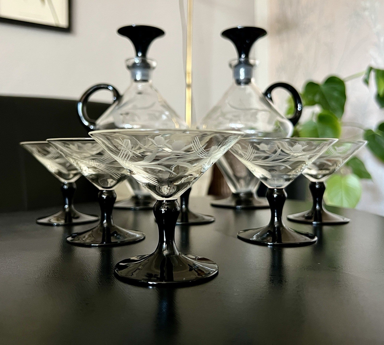 Antik Art Déco Likör 2x Karaffe & 6 Gläser Likörschalen Glas schwarz Stiel