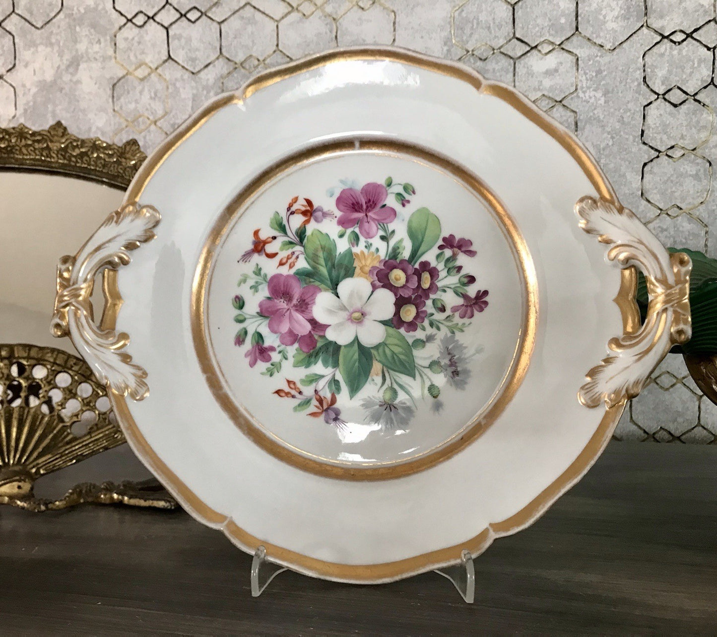 Antik Tielsch Porzellan Schale Zierschale Prunkschale um 1860 Blumenmalerei