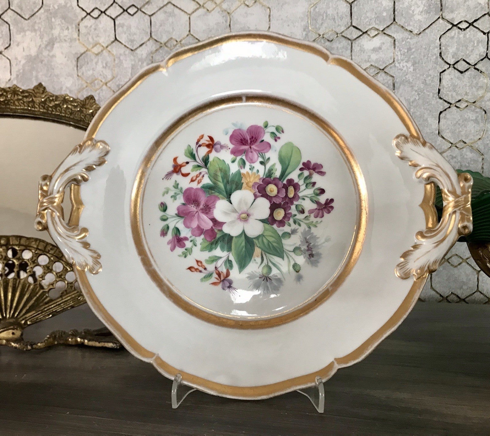 Antik Tielsch Porzellan Schale Zierschale Prunkschale um 1860 Blumenmalerei