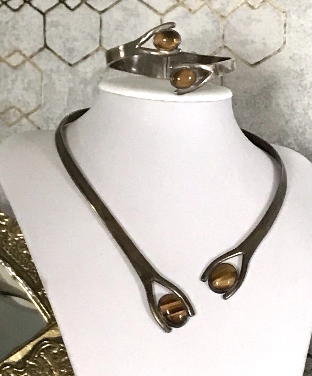 Vintage Set Halsreif Armspange Armband Collier 925 Silber Halskette Tigerauge