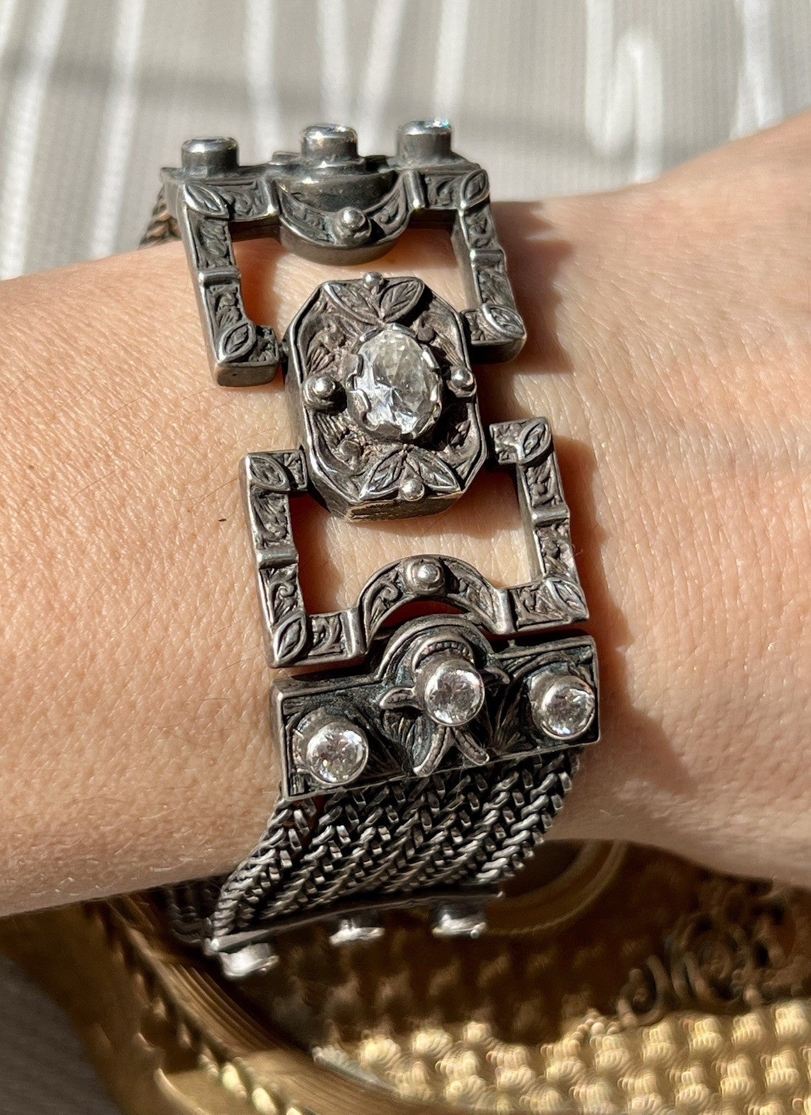 Antik Art Déco Edel DAMEN Armband Silber 925 SUPER farblose Steine WOW Manchette