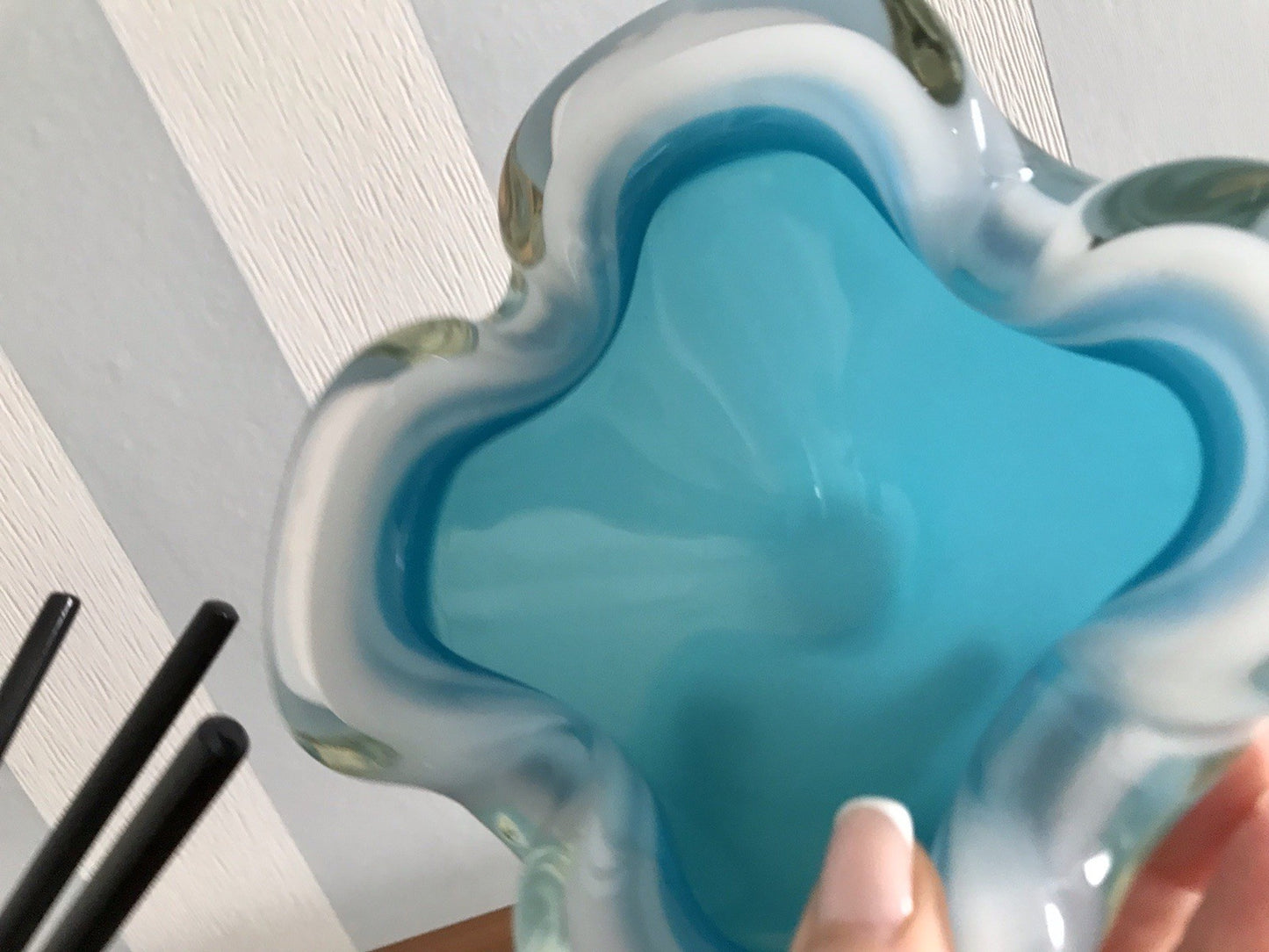 Vintage 60er Murano Glas Schale Barovier? türkis blau weiß edel