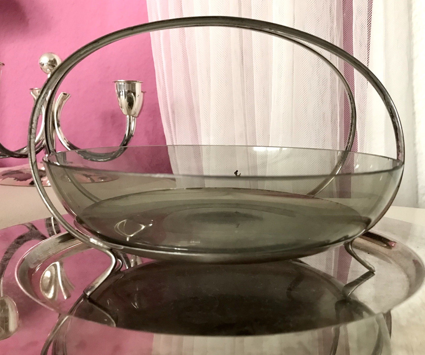 WMF ? Vintage Schale versilbert 50er 60er Mid Century Rauchglas Einsatz MCM