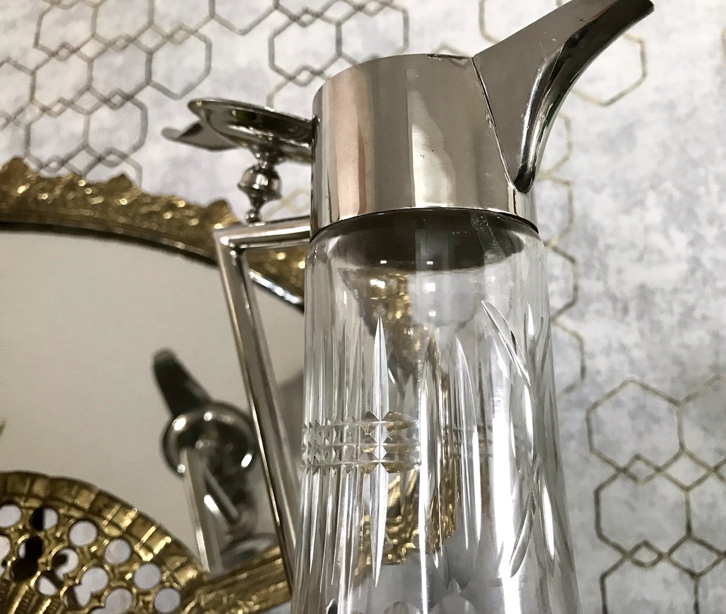 Antik Karaffe Dekanter Metallmontur versilbert? Kristallglas Schliff Edel!