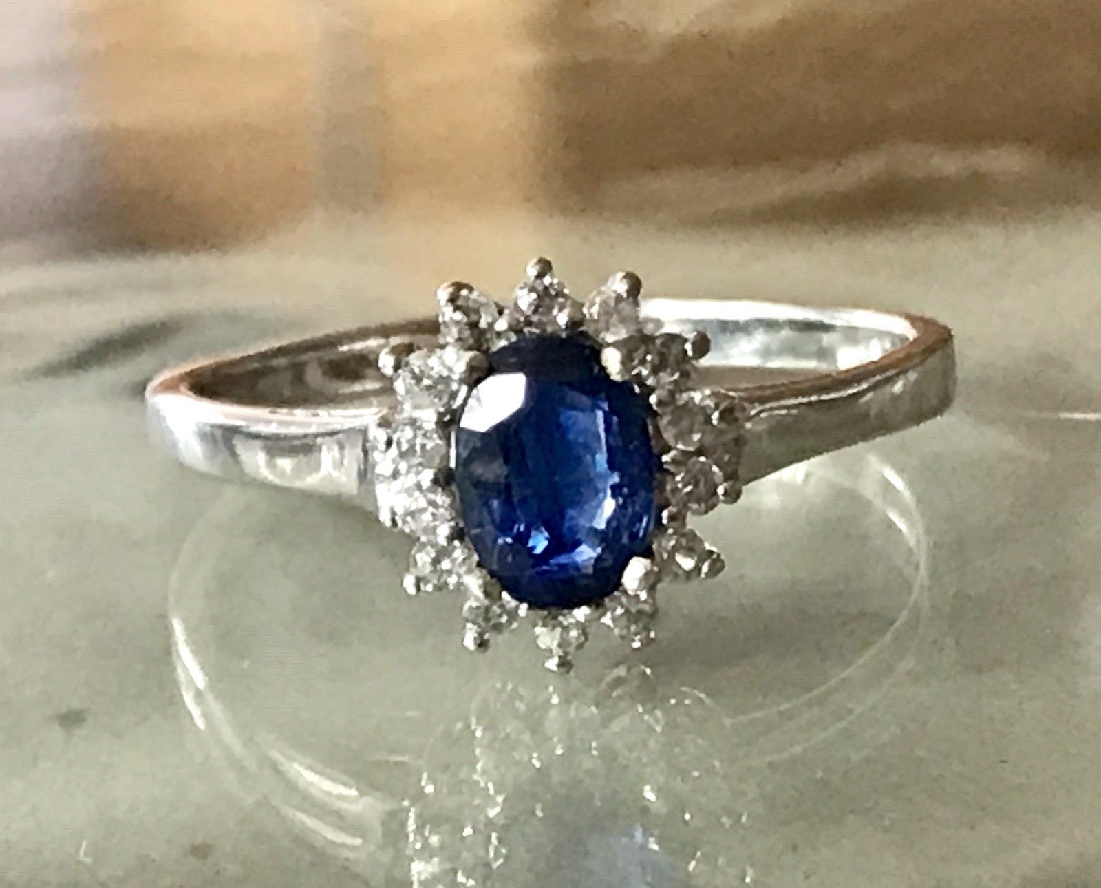 Vintage Entourage Halo Ring farblose Steine & Saphir Silber 925  ~Gr.62 63