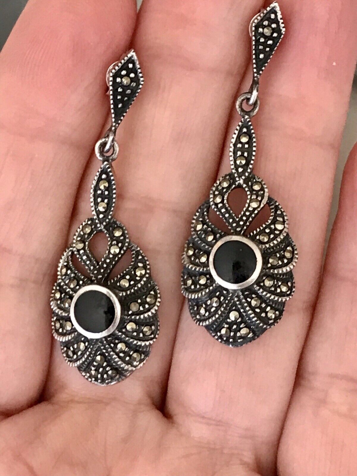 Antik Art Déco Wunderschön Ohrhänger Ohrringe DAMEN Silber 925 Onyx Markasite