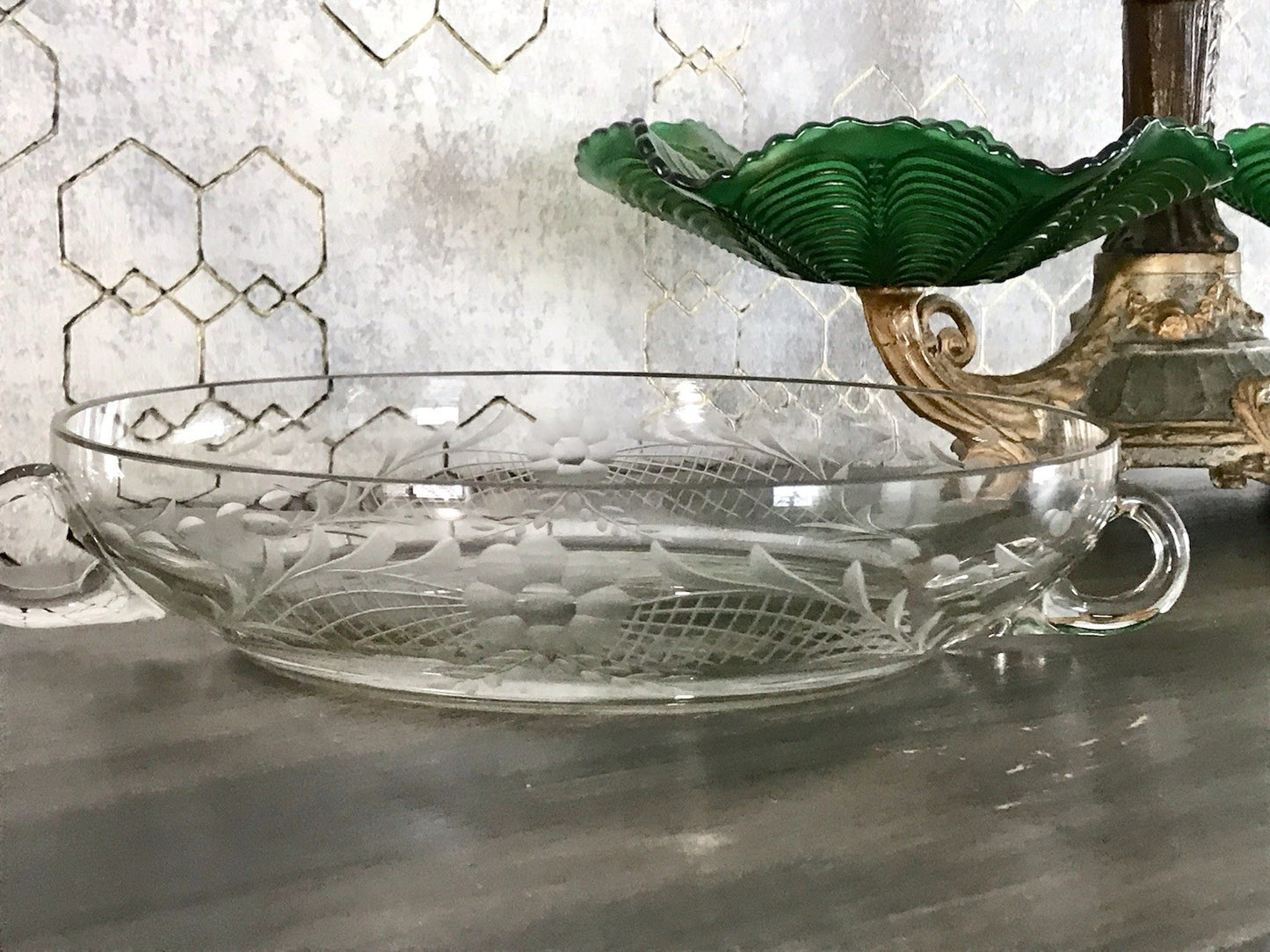 Antik EDEL Art Déco Schale Glasschale mundgeblasen geschliffen mit Henkeln