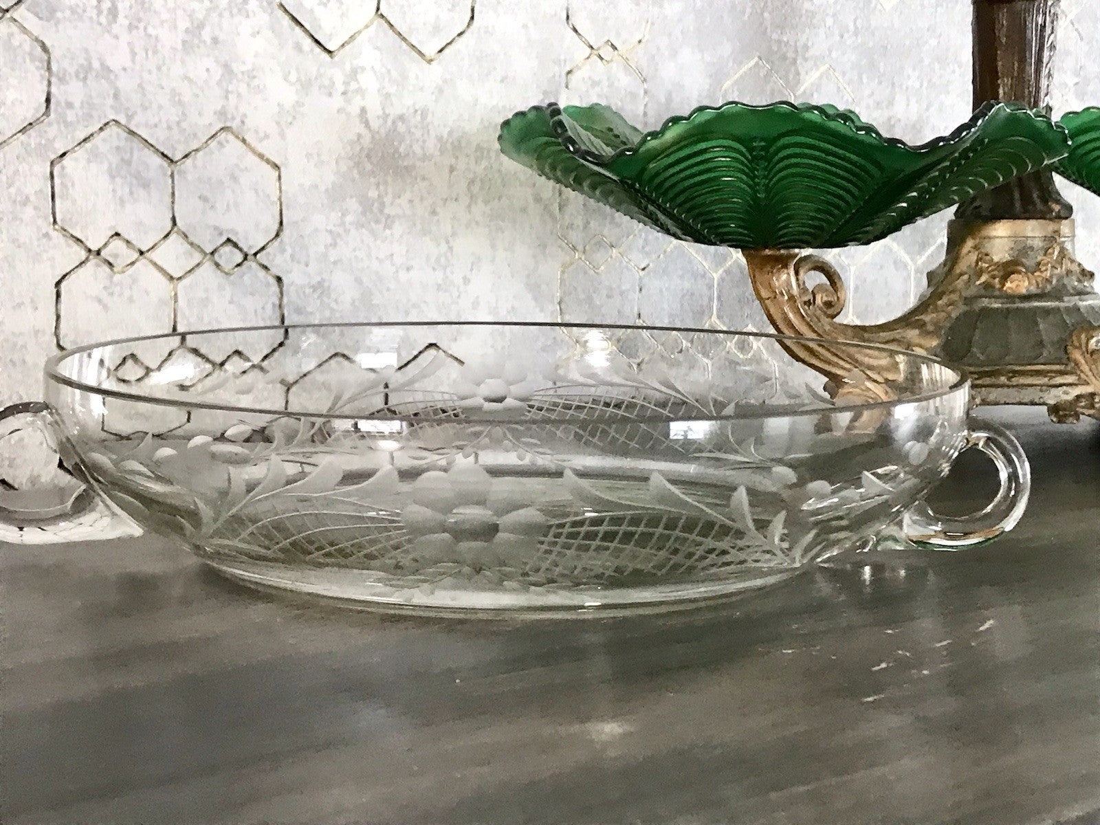 Antik EDEL Art Déco Schale Glasschale mundgeblasen geschliffen mit Henkeln