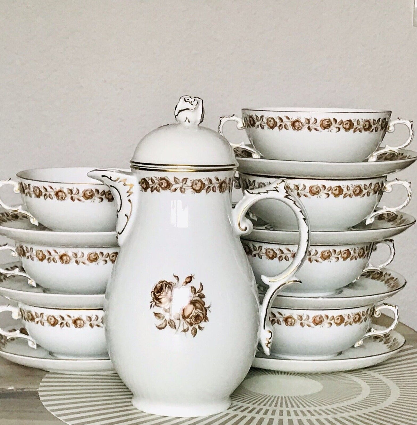 Vintage Porzellan Kaffeekanne Fürstenberg braune Rosenkante