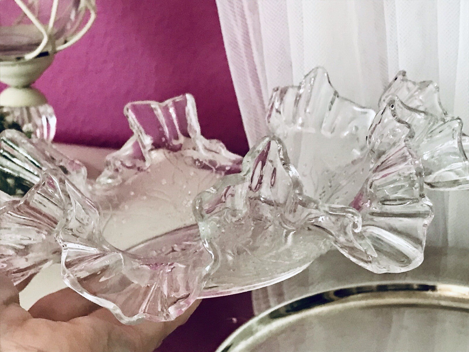Antik Jugendstil gewellter Serviettenrand Pressglas Schale Glas so schön!